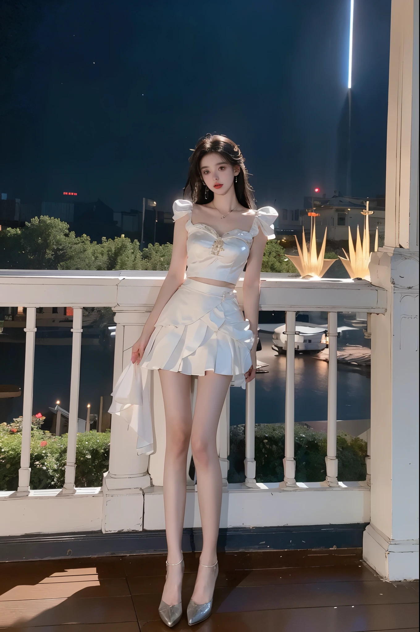 1girl，short skirt，Two piece fashionable outfit, ((full body:1.4)), ((a beautiful fashion model)), (In the quaint pavilion, leaning against a fence, night scene under the moonlight and starry sky), ((leaning forward with one hand resting on her knee)), (elegant pose, full breasts with visible cleavage, very short hemlines revealing smooth thighs), ((long, slender legs)), (professional fashion model pose, t-walk proportions), (photorealistic, hyperrealistic details, perfect facial features), (fashion photography with professional lighting), (golden ratio composition), (perfect symmetry, sharp focus), (captured with a Canon EOS R5, 85mm portrait lens), (dramatic and volumetric lighting, cinematic effect), (ultra-detailed textures, 8k resolution), (high-end fashion editorial).