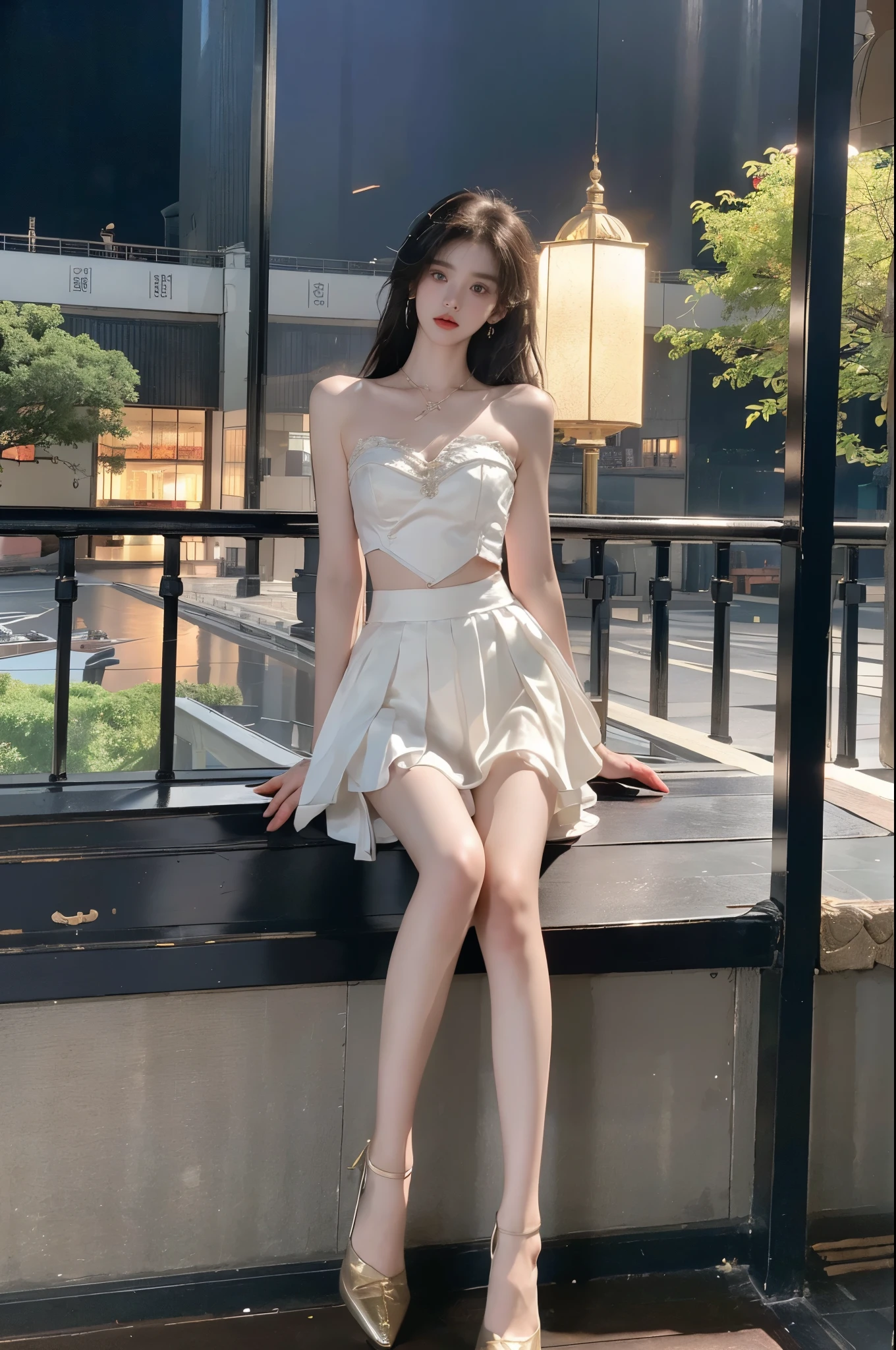 1girl，short skirt，Two piece fashionable outfit, ((full body:1.4)), ((a beautiful fashion model)), (In the quaint pavilion, leaning against a fence, night scene under the moonlight and starry sky), ((leaning forward with one hand resting on her knee)), (elegant pose, full breasts with visible cleavage, very short hemlines revealing smooth thighs), ((long, slender legs)), (professional fashion model pose, t-walk proportions), (photorealistic, hyperrealistic details, perfect facial features), (fashion photography with professional lighting), (golden ratio composition), (perfect symmetry, sharp focus), (captured with a Canon EOS R5, 85mm portrait lens), (dramatic and volumetric lighting, cinematic effect), (ultra-detailed textures, 8k resolution), (high-end fashion editorial).