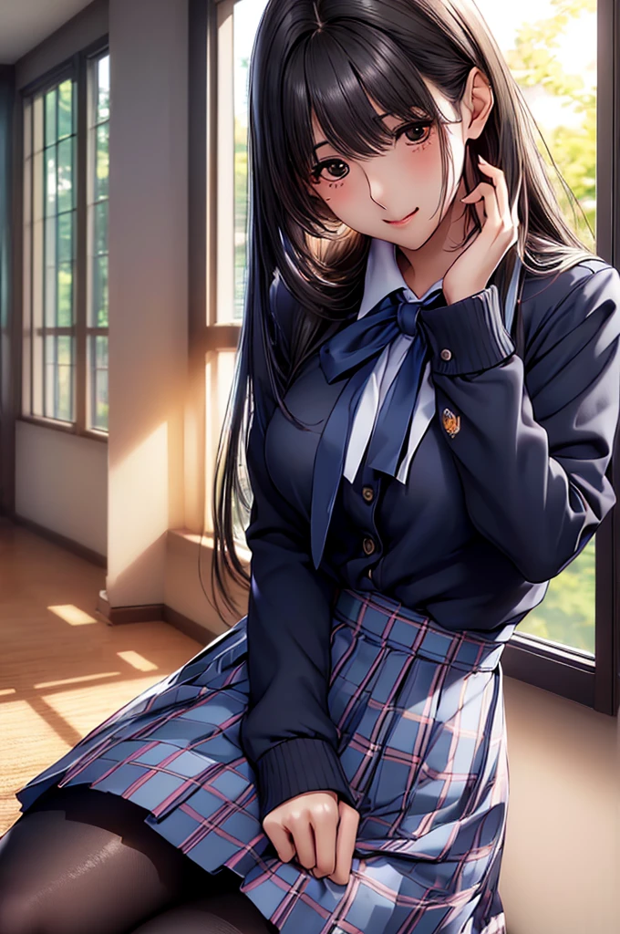 (((highest quality、masterpiece、Very high resolution、非常にDetailed Images)))、One beautiful beautiful girl:Talented and colorful:18-year-old,Beautiful body:Slender and beautiful F cup breasts、Beautiful Face:smile、Beautiful Hair:Mr.々Hair style,Best skin and hair texture、(((High School Uniform:White shirt:ribbon:Navy Blue Blazer:Checkered pleated skirt))),School:corridor:Beautiful sunset from the window,Natural light,Beautiful pose:Model shoot,Student Council President,Beauty Painting,Overall image、Beautiful images,Accurate Images、Accurate anatomy、Flawless images,Perfect Image,Overall image,(Best Shot,RAW Photos:1.2) Tabletop, highest quality, Photorealistic, In detail, 8k wallpaper, Perfect dynamic composition,Detailed Images、