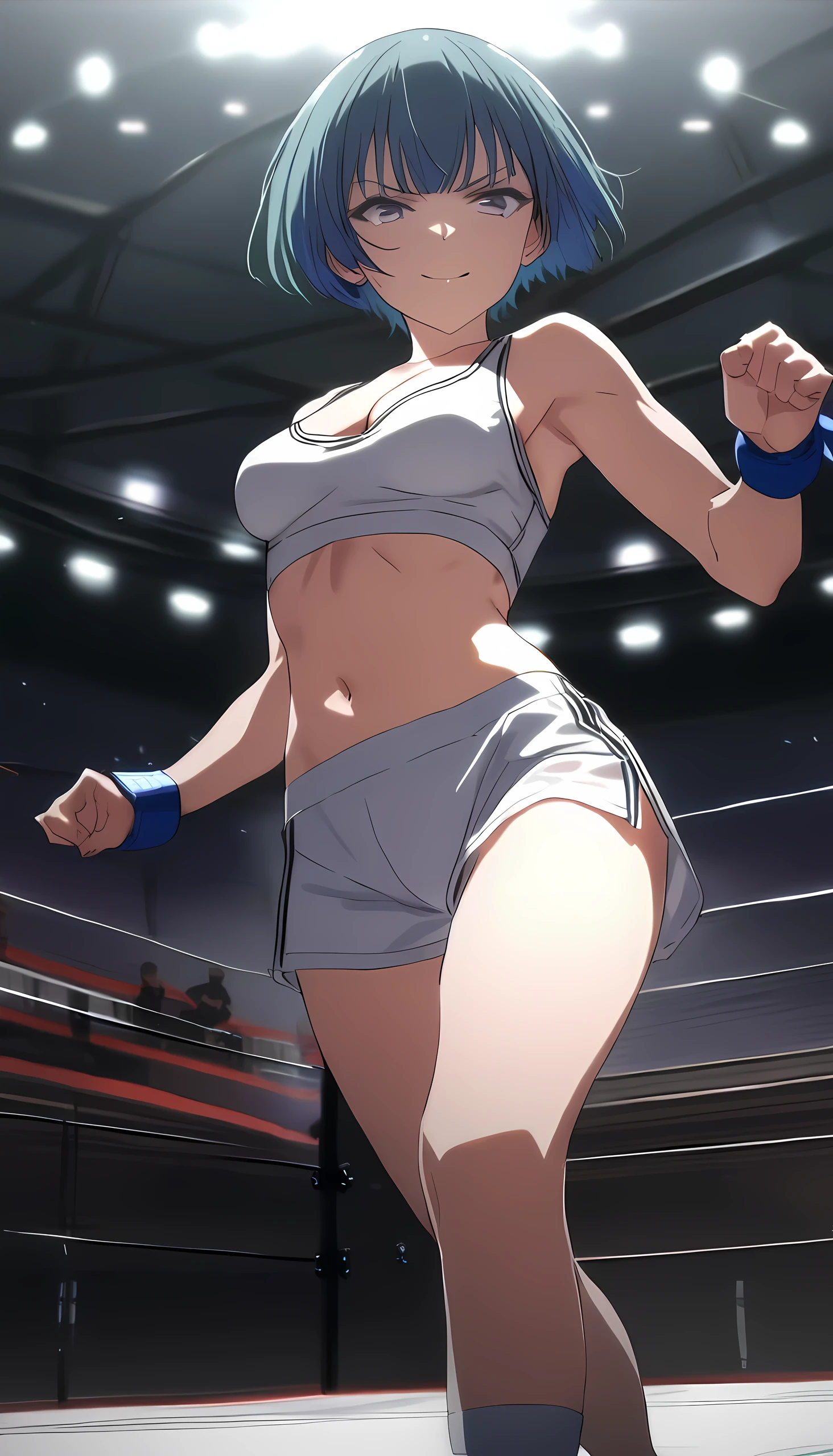 ibuki, 1girl, short hair, bangs, blue hair, purple eyes, medium breast, masterpiece, best quality, (wearing white sports bra:1.5, wearing low leg spats:1.5, navel, cleavage, bare legs), (on MMA Arena :1.5), serious smile, Toned stomach, looking at viewer,stage lighting, Ultra HD,Detailed eyes,Detailed face, cowboy shot, anime screencap, realistic background, from below, (fighting poses:1.5)