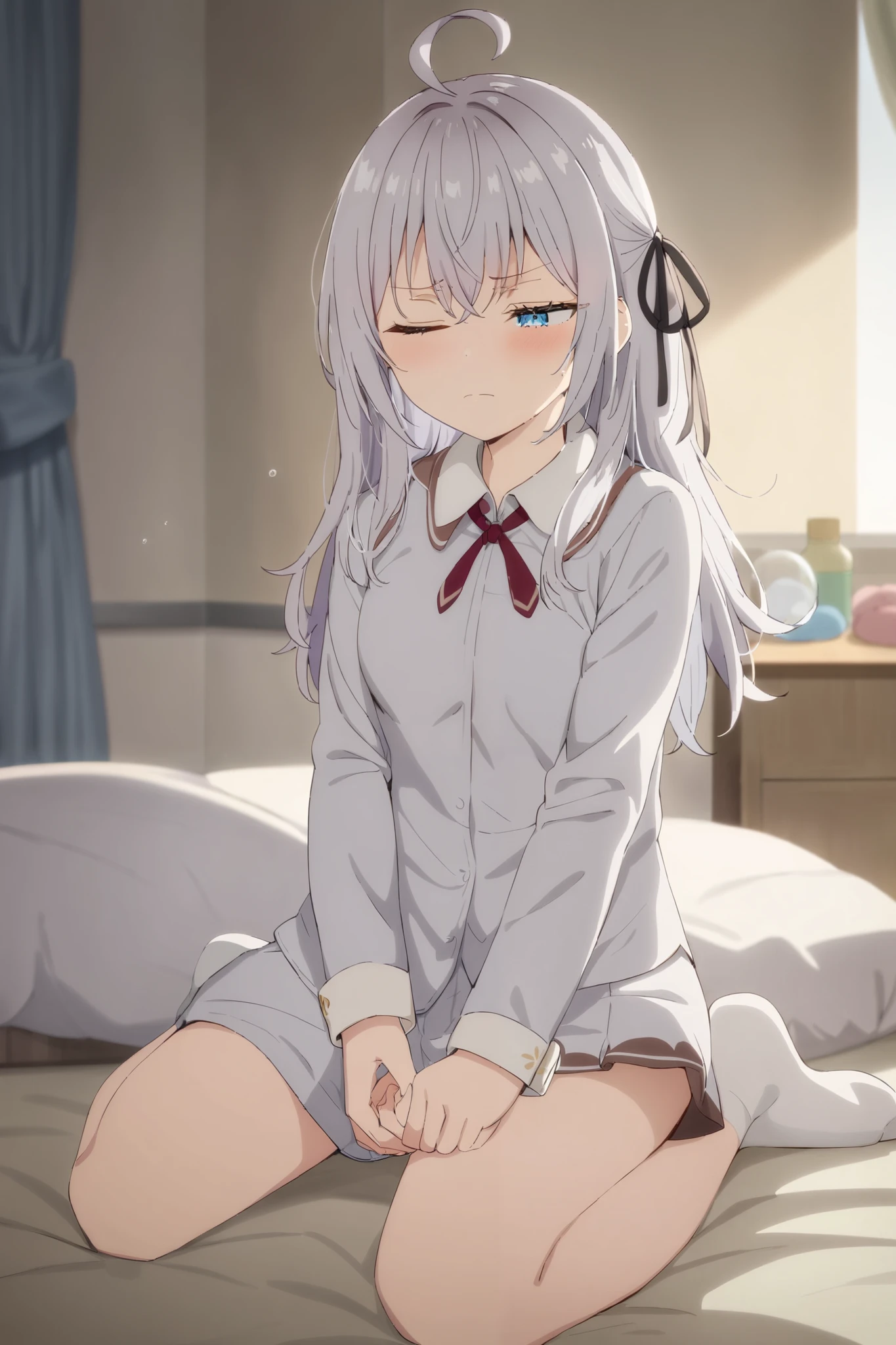 1 girl , Alisa Mikhailovna Kujo, tooki bosottoroshia-goで出るとなりのアーヤさん, long hair, eyebrows seen through hair, Twinkle hair, Silver Hair, hair ribbon, medium chest , exposed behind hands, Frowning, messy hair , sleepy, bubble, bed, bed room, wariza on bed, raise your arms , pajamas, eye closed , closed mouth , Anime, Masterpiece , top quality, Details,