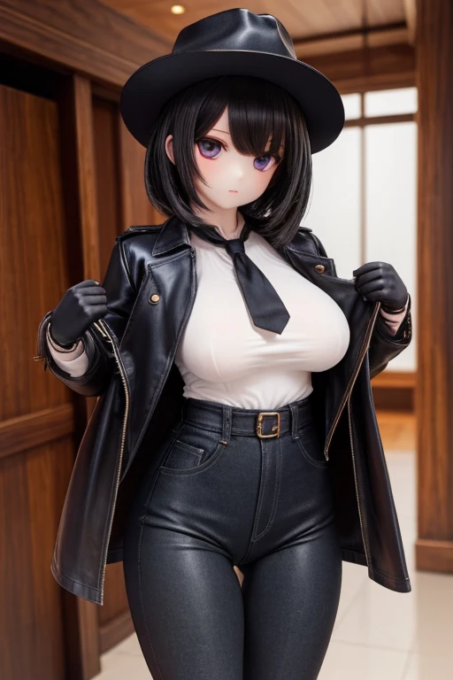 ,pale skin,1girl,((((clothed)))),blackleatherlongcoat,doll joints,doll skin,darkblackhair,Denim Leggings,leathergloves,Western Boots,blackten-gallon hat,ass focus,Navy blue blouse