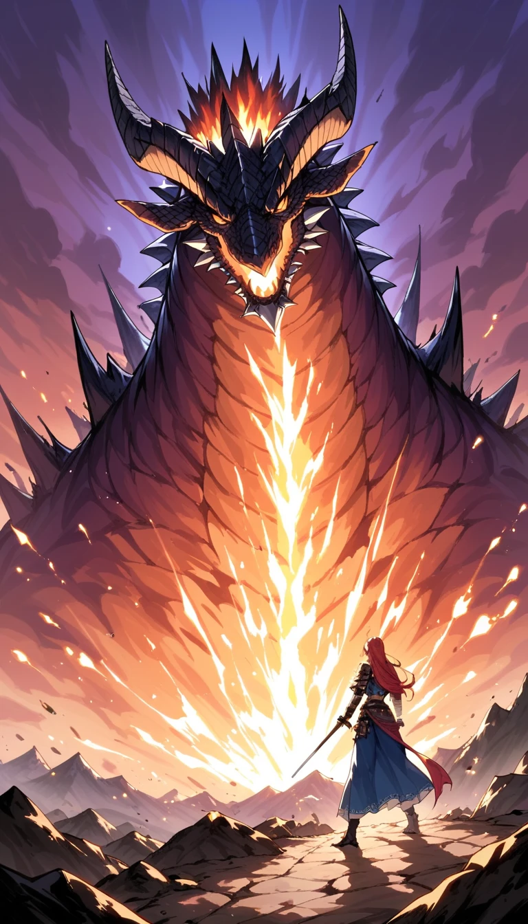 score_9, score_8_up, score_7_up, score_6_up, score_5_up, score_4_up, source_anime, Sorceress warrior, dragon mount, volcanic eruption, blazing sunset, heroic stance
