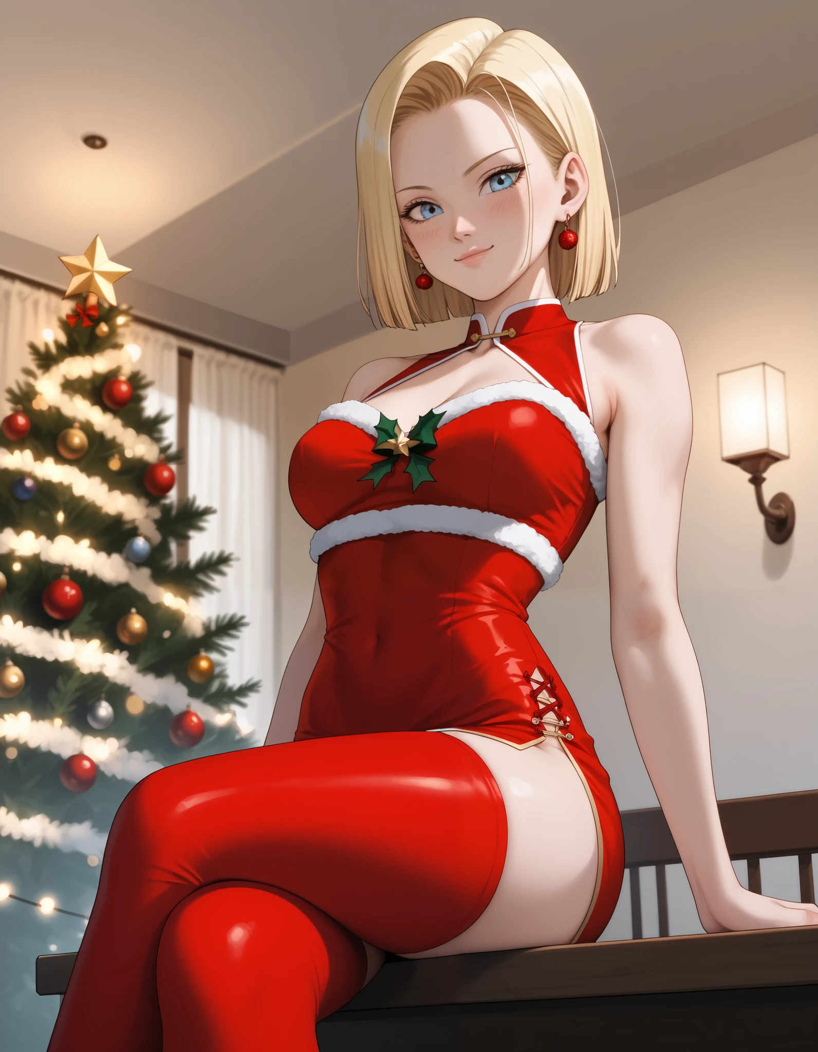 sysdeep_android18, photorealistic, detailed coloring, anime style, detailed high quality, chromatic aberrations, ultra detailed quality skin, detailed ray tracing lighting,, masterpiece、 best quality、masterpiece, high definition , 8K quality, perfect face, solo, 1 girl, beautiful face, beautiful detailed eyes, Alone, cute face、nose blush, red cheek, large butt, looking at viewer, wearing a smug expression, looking down, (from below), cleavage, closed mouth, standing, hair slicked back, collarbone, Staring at the viewer, (Christmas costume, Cheongsam, mini skirt,), ass line, sitting on table, crossed legs, arm behind head, sexy pose, sensual expression, sensual pose, blurry background, covered nipples, festive decorations, twinkling lights, decorated Christmas tree, cozy indoor setting, warm color tones,