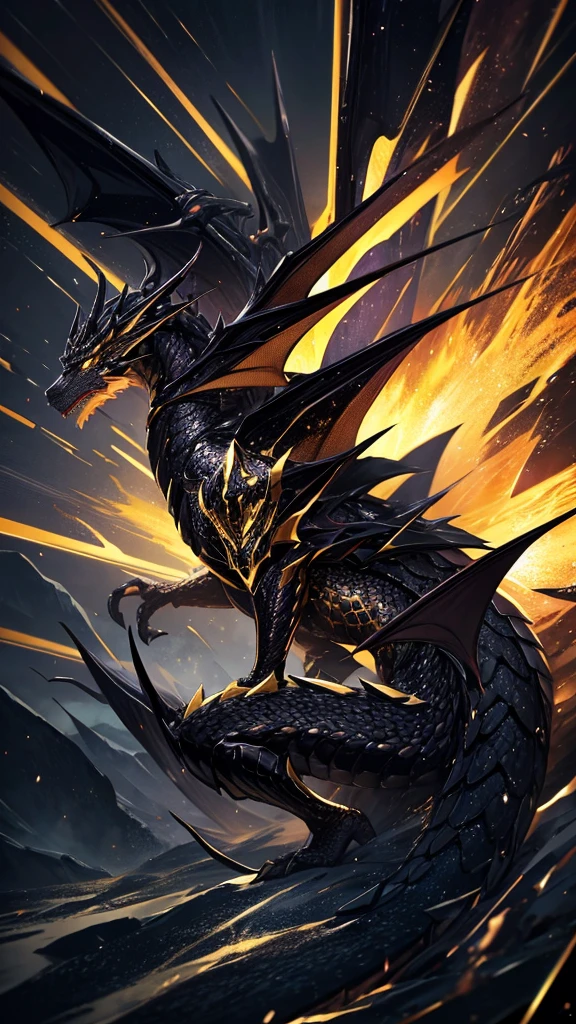 masterpiece, best quality, (extremely detailed CG unity 8k wallpaper), (best quality), (best illustration), (best shadow), absurdres, realistic lighting, (Abyss), beautiful detailed glow, (portrait:1.22), Dragon, anime, solo, mythical dragon, gold and black dragon, golden eyes, golden scales, black body, dragon