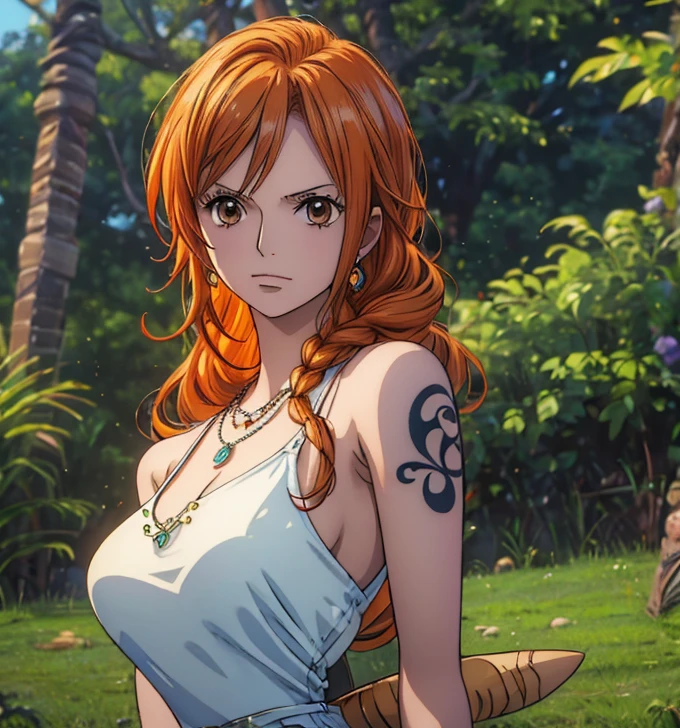 (masterpiece, top quality, 4K, 8k,   high definition  , 最高masterpiece:1.2),  super detailed, ( realistic , photo realistic , photo- realistic :1.37),   Maintaining Anime Style  ,  Nami in One Piece, pale orange hair hidden in thick grass ,Beautiful hairstyle, side tail that crosses arms and legs:1.4,Braiding:1.3,(Left shoulder tattoo), beautiful brown eyes, looking at camera, Big Breasts , lingerie, sexy, Necklaces ,Fun Holidays , cinematic lighting:1.7, Sunshine Spots :1.3,Perfect Arms, perfect finger