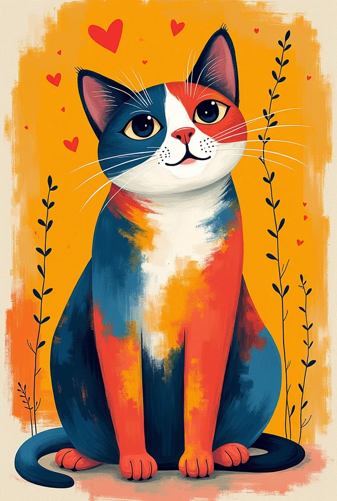 pretty illustration of cat, bright rustic palette, in the style of bold block prints, alice pattullo, Laurie hastings, claire halifax, soft, fauvist color explosions, miniature and small, paintings, stenciled iconography