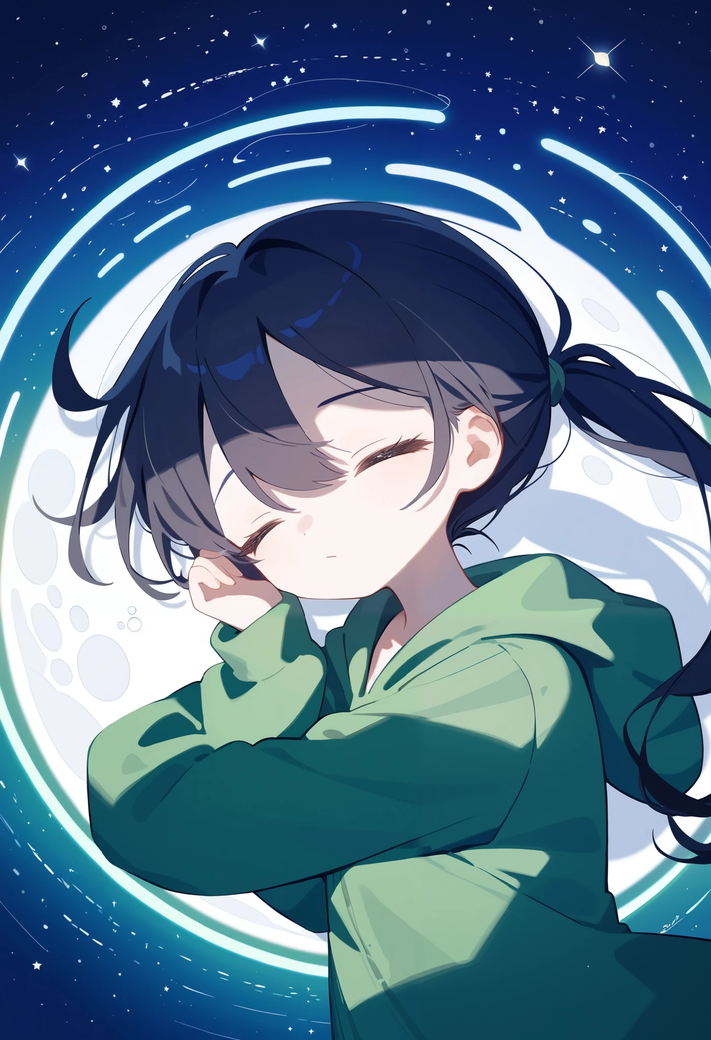 1 Girl， brown slanted ponytail around me ， with eyes closed ，Green sweatshirt，Ripples under my squinting and sleepy ，Galaxy Background， feet，Beautiful light and shadow， ray tracing ，Local lighting