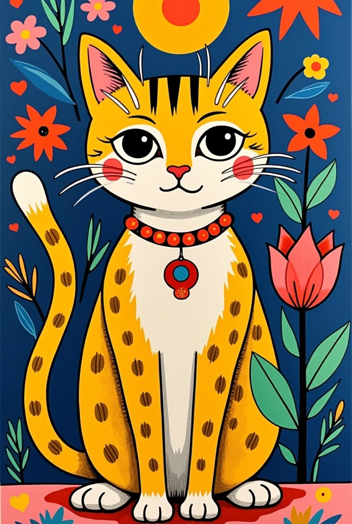 pretty illustration of cat, bright rustic palette, in the style of bold block prints, alice pattullo, Laurie hastings, claire halifax, soft, fauvist color explosions, miniature and small, paintings, stenciled iconography