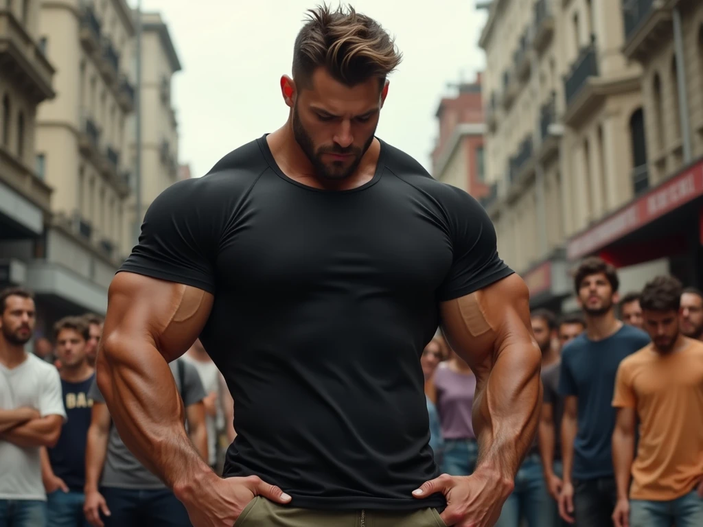 Gianluca_Antonelli, haughty, pretentious smile, (tight black shirt), jeans, ((crossed arms)), hairy chest, muscular, Street, Day Light, male focus, trunk, wide pectorals, standing, Fromt View, broadshouldered, big biceps, barba, ear piercing, blue colored eyes, gazing at viewer,