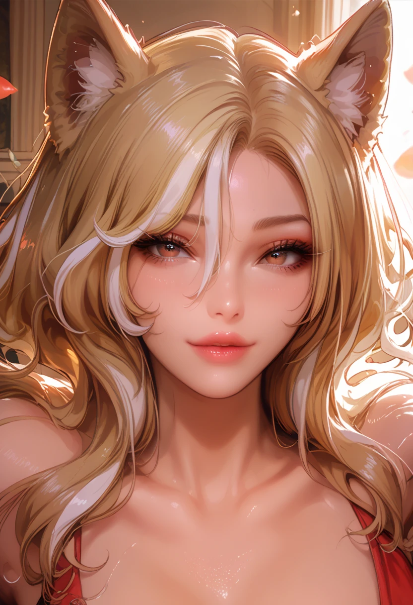 digital art, 1girl, animal ears, breasts, blonde hair, fox ears, ahri (league of legends), one eye closed, whisker markings, cleavage, tongue, solo, choker, long hair, tongue out, teeth, realistic, looking at viewer, black choker, facial mark, large breasts, smile, upper body, k/da (league of legends), bangs, selfie, animal ear fluff, open mouth, lips, nose, intricate, highly detailed, professional, hard light, trending of artstation, realistic, beautiful, HD, 8K, master price, best quality