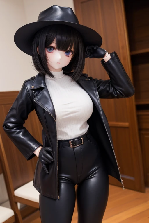 ,pale skin,1girl,((((clothed)))),blackleatherlongcoat,doll joints,doll skin,darkblackhair,Denim Leggings,leathergloves,Western Boots,blackten-gallon hat,ass focus,Navy blue blouse