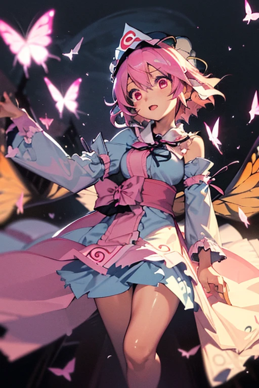  masterpiece,  High Definition , best quality,8k,Girl ，1girl in, Solo, 
(Saigyouji Yuyuko, butterfly, bug, hat, Pink hair, Triangular headpiece, Night, Pink eyes, Short hair, )