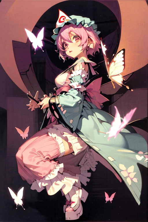  masterpiece,  High Definition , best quality,8k,Girl ，1girl in, Solo, 
(Saigyouji Yuyuko, butterfly, bug, hat, Pink hair, Triangular headpiece, Night, Pink eyes, Short hair, )