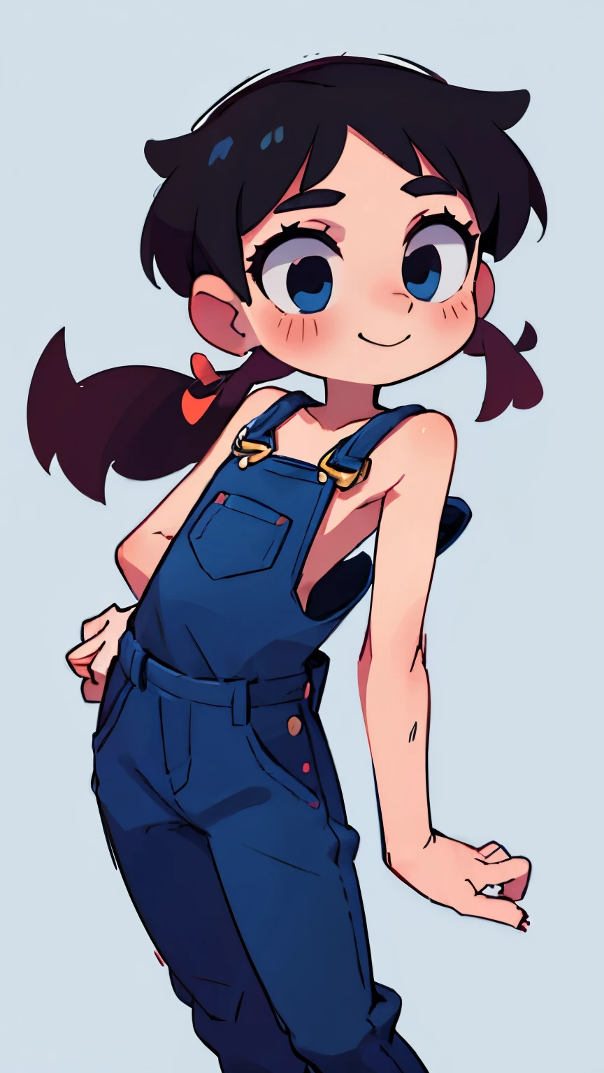 masterpiece, beautiful, 4k, detailed, intricate details, , shota, overalls, jean overalls, cuffed overalls, long straight hair, long straight black hair, black hair, dark blue eyes, soft smile, slight smile, 1boy, young delicate prince, shirtless, overalls over skin, bare shoulders, bare sleeves, bare arms, facing forward, side cut, torso shown, leaning forward, flat chest