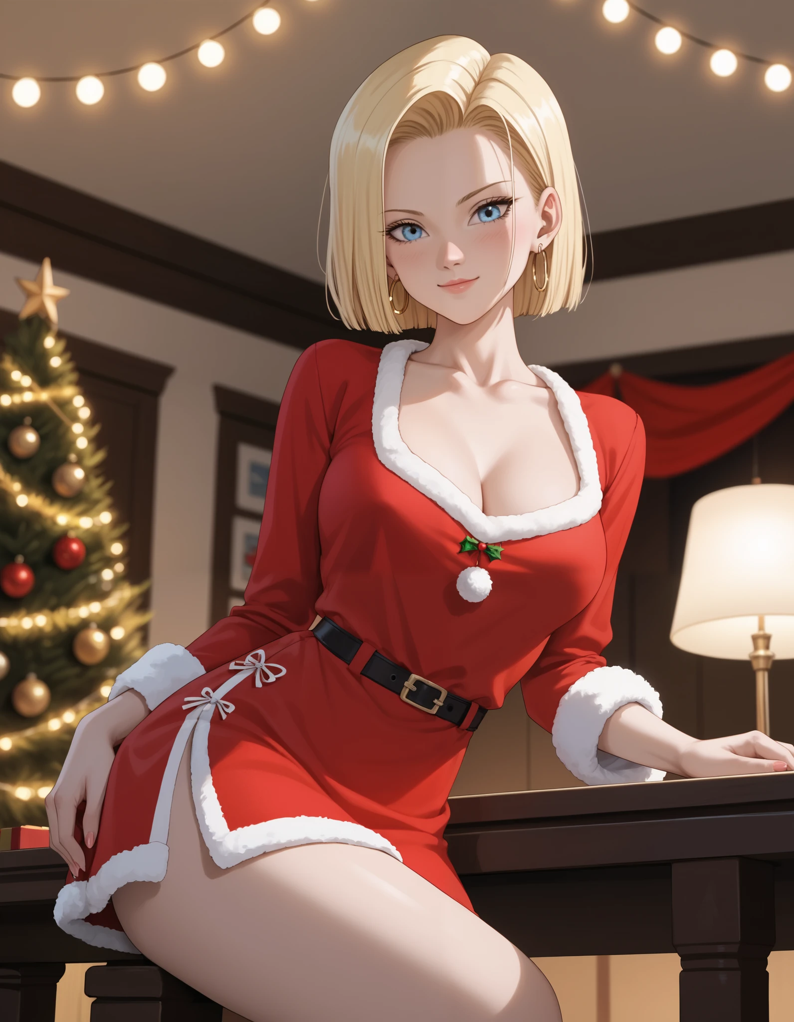 sysdeep_android18, android 18, blonde hair, blue eyes, eyelashes, hoop earrings, short hair, earrings, photorealistic, detailed coloring, anime style, detailed high quality, chromatic aberrations, ultra detailed quality skin, detailed ray tracing lighting,, masterpiece、 best quality、masterpiece, high definition , 8K quality, perfect face, solo, 1 girl, beautiful face, beautiful detailed eyes, Alone, cute face、nose blush, red cheek, large butt, looking at viewer, wearing a smug expression, looking down, (from below), cleavage, closed mouth, standing, hair slicked back, collarbone, Staring at the viewer, (Christmas costume, Cheongsam, mini skirt,), ass line, sitting on table, crossed legs, arm behind head, sexy pose, sensual expression, sensual pose, blurry background, covered nipples, festive decorations, twinkling lights, decorated Christmas tree, cozy indoor setting, warm color tones,