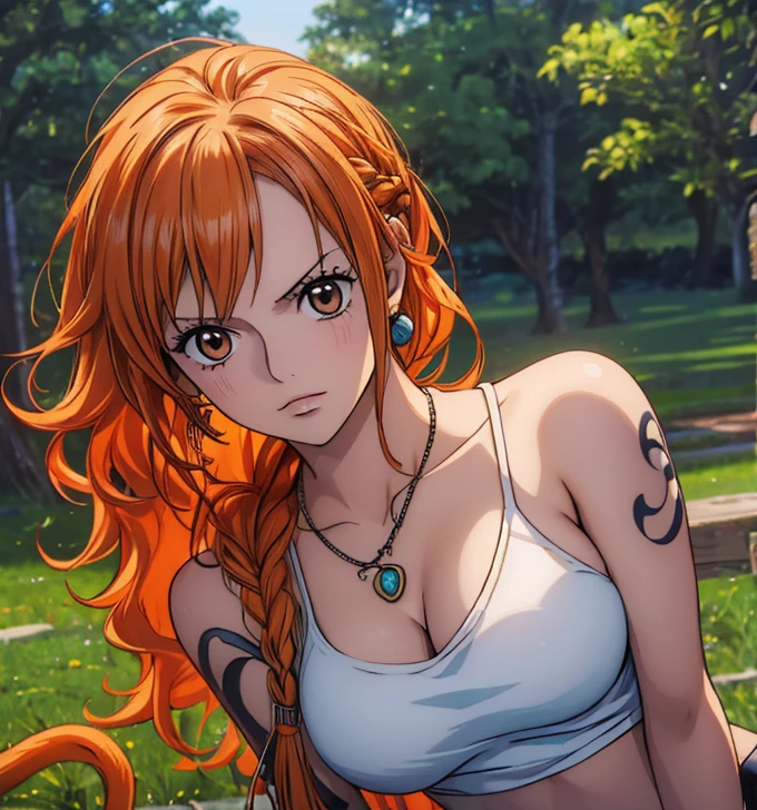 (masterpiece, top quality, 4K, 8k,   high definition  , 最高masterpiece:1.2),  super detailed, ( realistic , photo realistic , photo- realistic :1.37),   Maintaining Anime Style  ,  Nami in One Piece, pale orange hair hidden in thick grass ,Beautiful hairstyle, side tail that crosses arms and legs:1.4,Braiding:1.3,(Left shoulder tattoo), beautiful brown eyes, looking at camera, Big Breasts , expose your nipples, lingerie, sexy,Exposing your belly,belly button, Necklaces ,Fun Holidays , cinematic lighting:1.7, Sunshine Spots :1.3,Perfect Arms, perfect finger