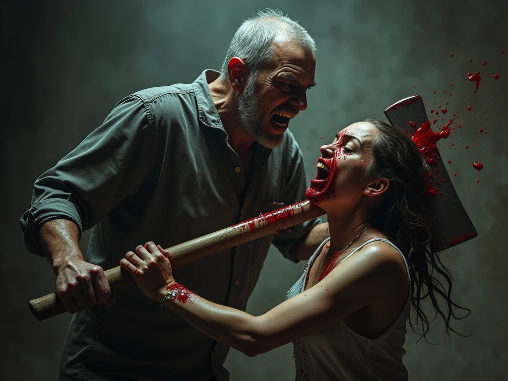 Crazy, horror, 70-year-old man, naked with an apron full of blood, bloody woman. The man has a machete and is splitting open the head. Human head being traded in a traditional market, on a top of table, human trafficking, bleeding, woman's head, beautiful face, ((eyes closed)), bleeding, traditional market place background, photorealistic, 4K, Nikon, horror, public market, beautiful asian face