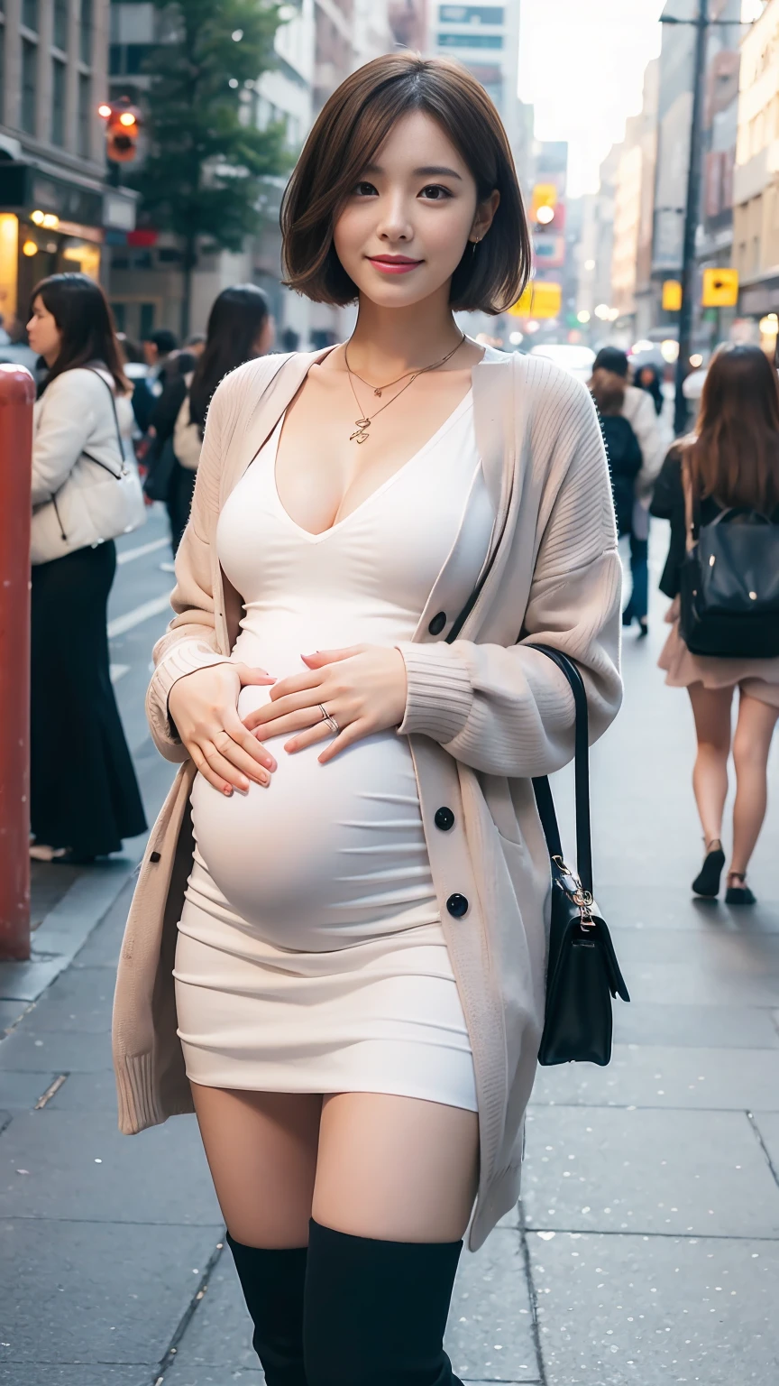 1 girl walking on street in lace dress, ((pregnant)), she look at the viewer, solo, full body, close up,