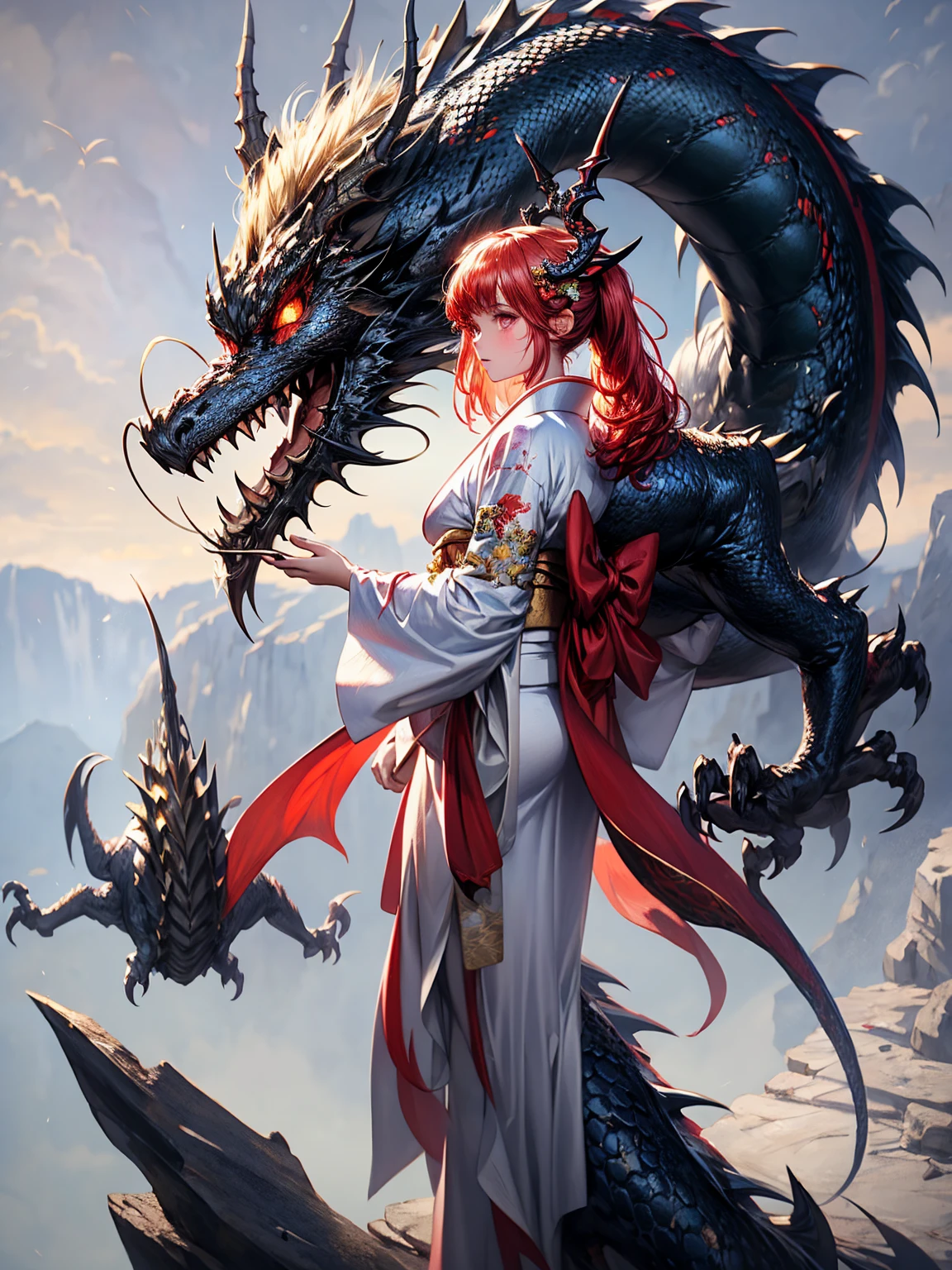 Masterpiece, high quality, high resolution, 16K, background detail, digital painting, hyperrealistic, fantasy, petite girl in kimono, long eyelashes, fair skin, full body, red ponytail, white and red Kimono, dragon pattern on cheek, ancient giant dragon painted in fine detail, dragon scales shining in rainbow colors and wings are translucent, it is guarding the girl's back, on a cliff,  cinematic angle