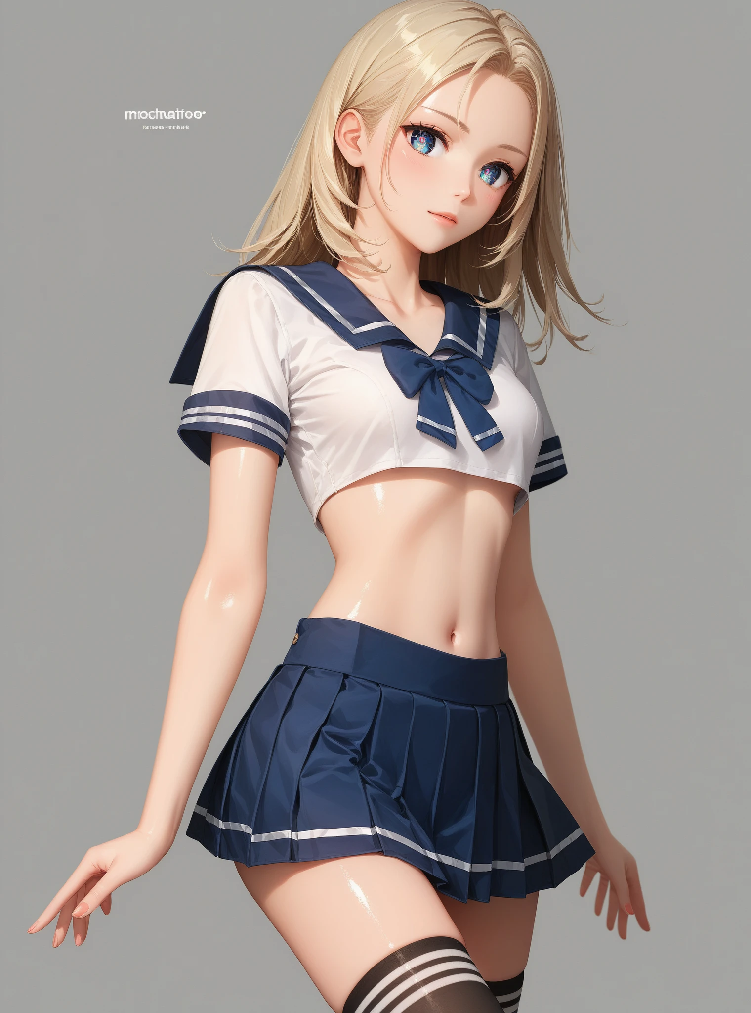 score_9, score_8_up, score_7_up,source_anime, high res image,masterpiece,best quality,woman,cute face,clear skin,shiny hair,ultra detailed eyes,simple background,   sexy serafuku, midriff, mini skirt, thighhighs, navel