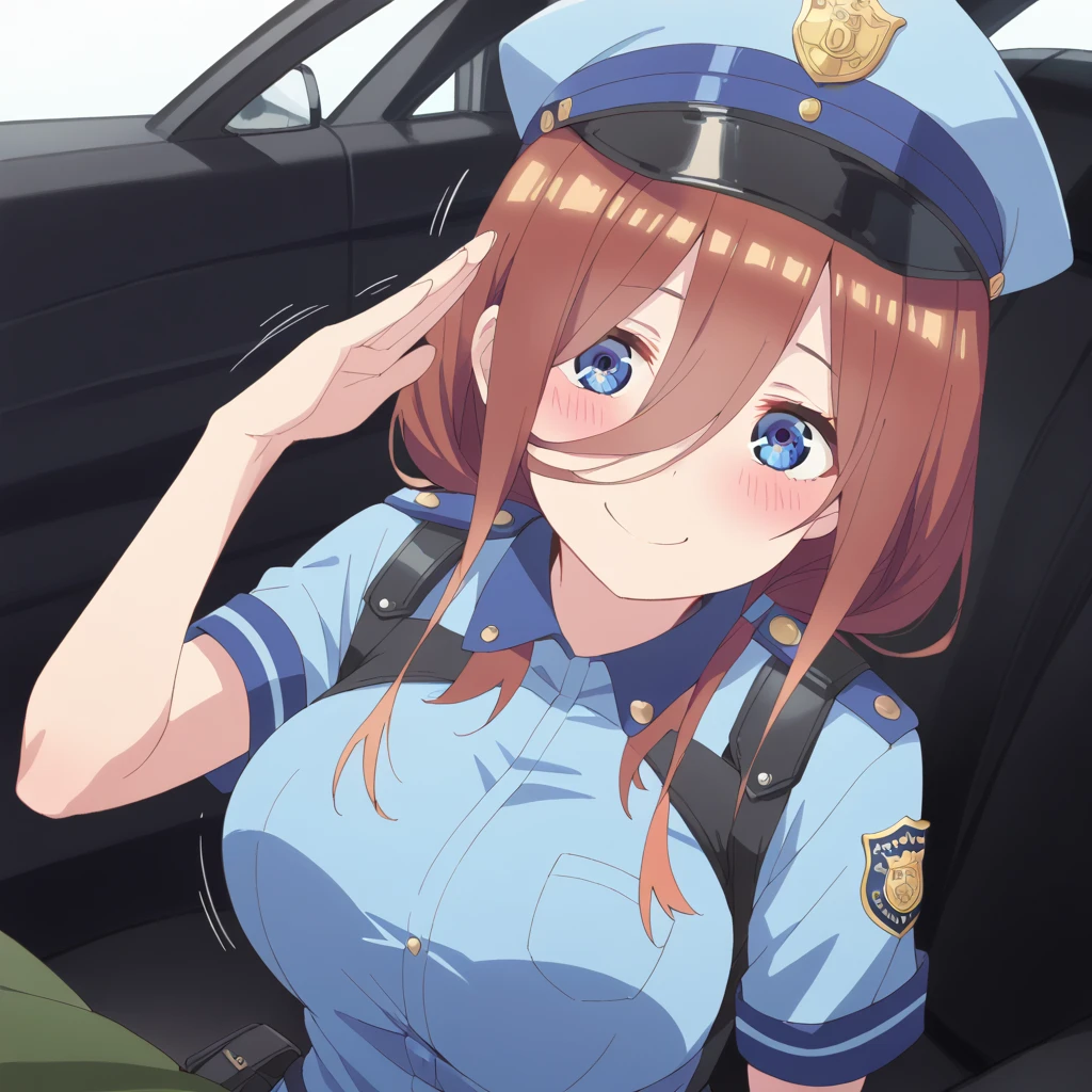 score_9, score_8_up, score_7_up, source_anime, masterpiece, best quality, highly detailed, BREAK miku nakano, long hair, bangs, blue eyes, brown hair, hair between eyes, BREAK 1 cute toddler girl is short stature, sitting, salute BREAK police costume, police cap, BREAK pov, BREAK smile, nose blush,  BREAK in dark car, BREAK big breasts, bouncing breasts, BREAK motion lines, motion blur