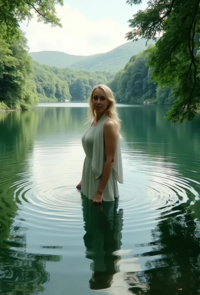 A blonde woman emerges from the water of the lake