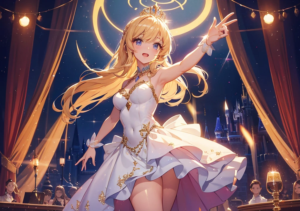 Cat-eared teenage girl,Cheerfulness,(Charmed:0.2),Highest quality,masterpiece,The ultimate solution,fluffy,colorful,Perfect body,Blonde with double ponytail,Jewel-like eyes,A white-based tadress,(Beautiful costumes),Idol Costumes, White Stockings,Long legs,Muffin Shoes,embroidery,(Rainbow Bubbles:0.3),Dazzling Light(about:0.5),(Shine:0.3),Take to the stage