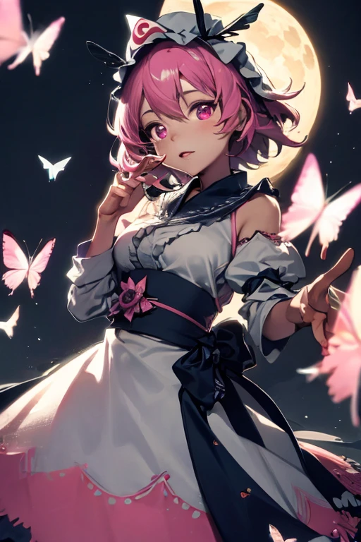  masterpiece,  High Definition , best quality,8k,Girl ，1girl in, Solo, 
(Saigyouji Yuyuko, butterfly, bug, hat, Pink hair, Triangular headpiece, Night, Pink eyes, Short hair, )