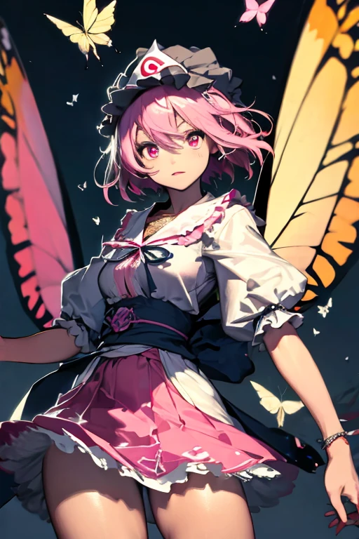  masterpiece,  High Definition , best quality,8k,Girl ，1girl in, Solo, 
(Saigyouji Yuyuko, butterfly, bug, hat, Pink hair, Triangular headpiece, Night, Pink eyes, Short hair, )