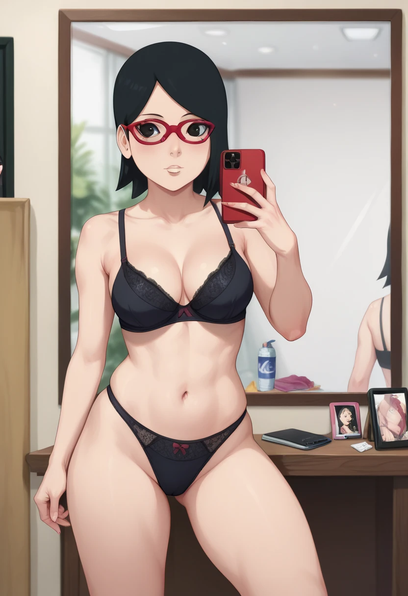 Sarado Uchiha short black hair black eyes red glasses medium tits thick legs peeled thighs thick thighs sarada belly black thighs panties and black bra with cell phone in hand taking sexy photo in front of the mirror