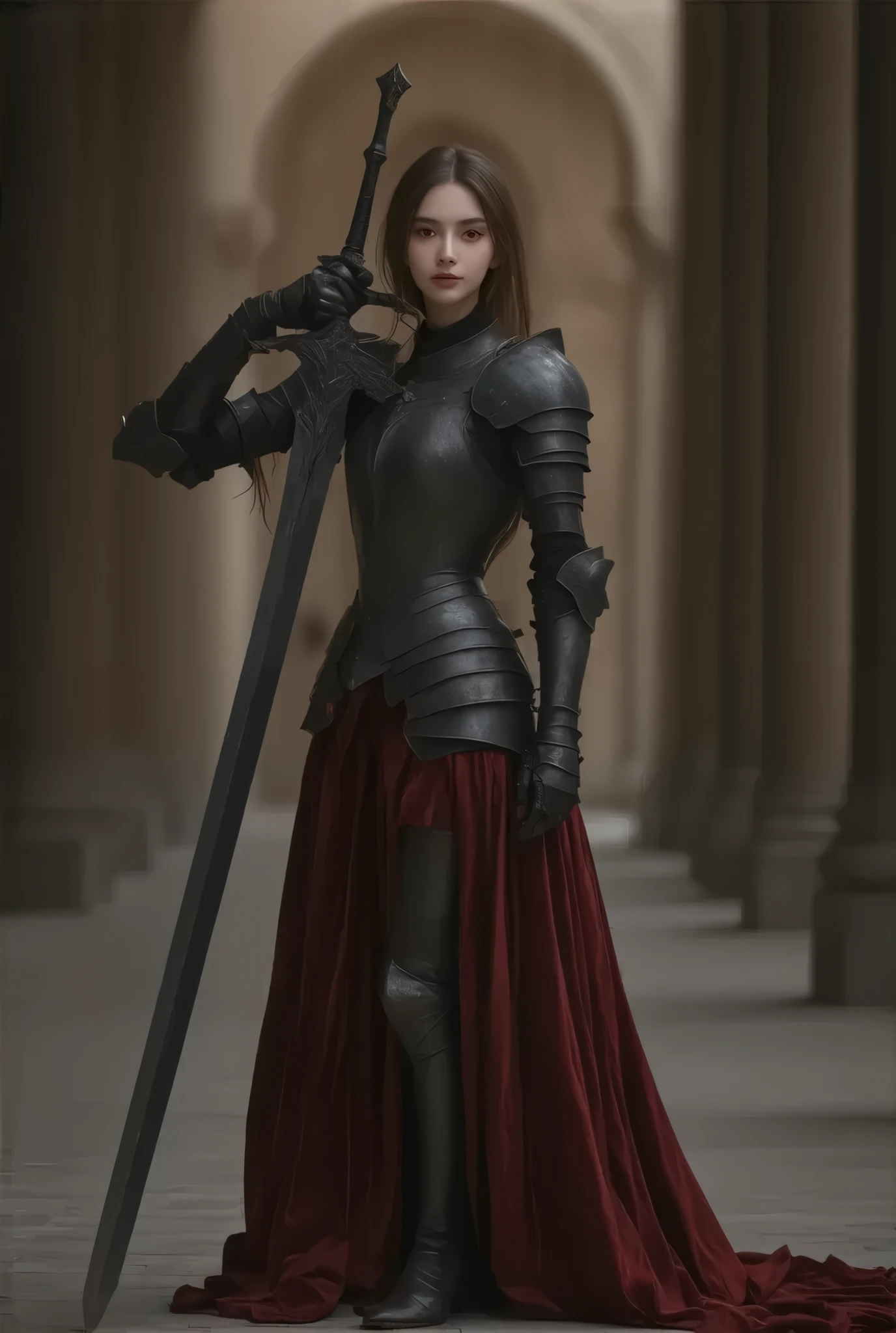 RAW Photos, solo sexy knight woman, 19 years old, (dark fantasy:1.2), Wore period drama costumes, Russia, wearing black traditional euro style armor, Long skirt of deep red velvet fabric, 19th century AD, perspective, full body Details, sexy long legs, sharp concentration, Slight mixing, Details, (Very detail facial depiction, very detail hair depiction:1.3), Feels Like The young Ages , (high skin Details: 1,2), 8K HD Streaming, DSLRs, Soft light, High Quality , Fujifilm XT3 grainy film., Realistic, ((large breasts:1.2), (huge breasts:1.2), (Uplifted and well-defined bust:1.2), (lifted chest:1.2), (perky breasts :1.2)) and a huge waist, palace hall, dynamic sexy poses, holding long sword,