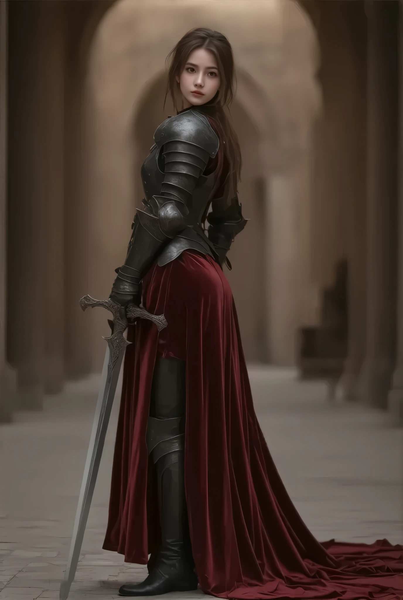 RAW Photos, solo sexy knight woman, 19 years old, (dark fantasy:1.2), Wore period drama costumes, Russia, wearing black traditional euro style armor, Long skirt of deep red velvet fabric, 19th century AD, perspective, full body Details, sexy long legs, sharp concentration, Slight mixing, Details, (Very detail facial depiction, very detail hair depiction:1.3), Feels Like The young Ages , (high skin Details: 1,2), 8K HD Streaming, DSLRs, Soft light, High Quality , Fujifilm XT3 grainy film., Realistic, ((large breasts:1.2), (huge breasts:1.2), (Uplifted and well-defined bust:1.2), (lifted chest:1.2), (perky breasts :1.2)) and a huge waist, palace hall, dynamic sexy poses, holding long sword,