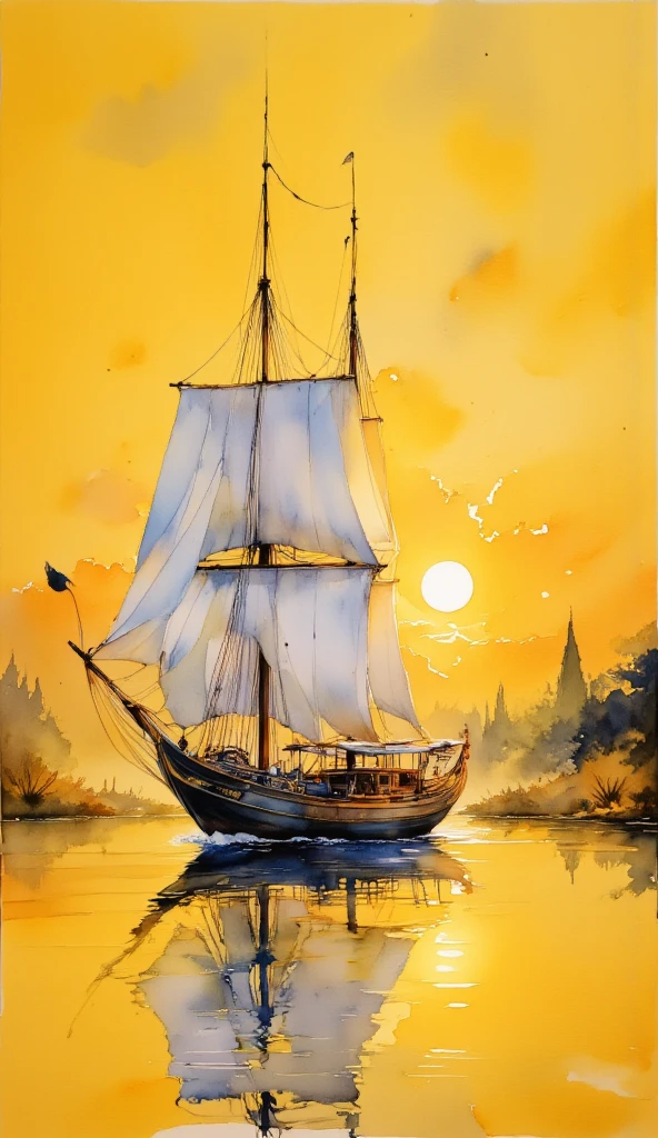 ink and watercolour seascape, calm seas, at sunset.  (Oriental sailboat, junk) silhouette, sun reflects across the sea, islands (silhouette) in the background. yellow and orange and black