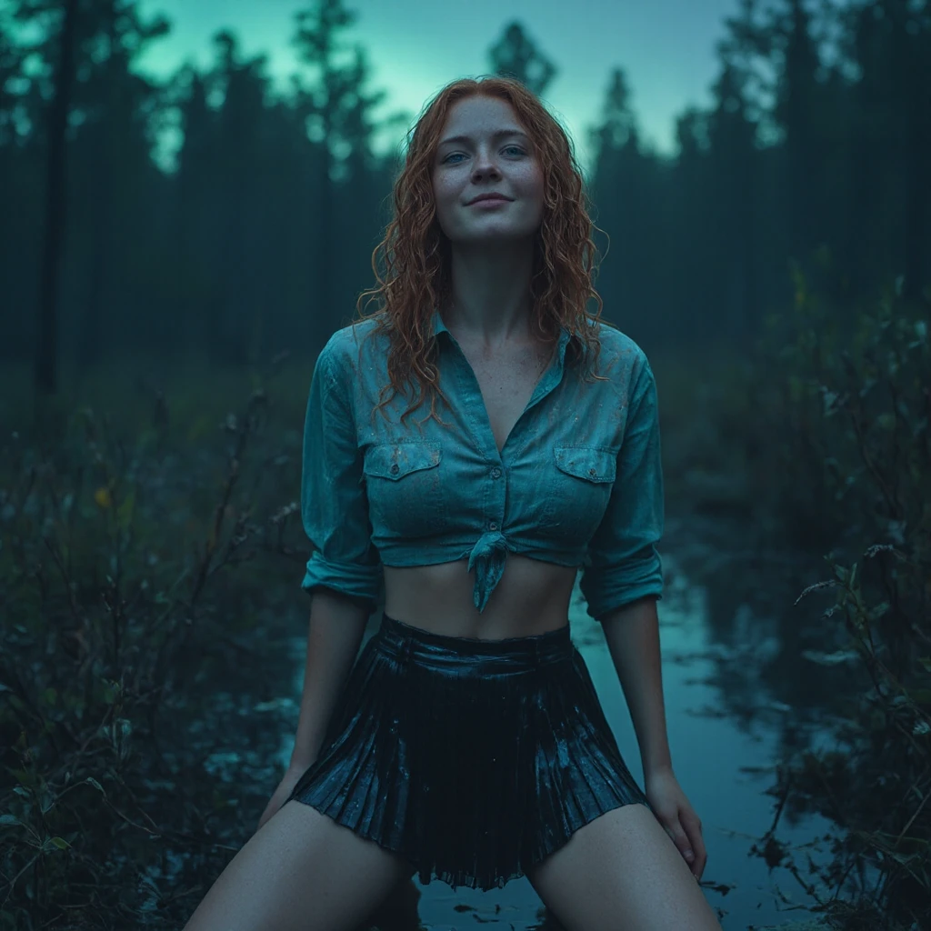 Lightning striking a lake in Scotland, with cute pale redhead woman in a thong bikini standing on the shore, her back to the camera, she's facing the lake, photo realistic. --auto