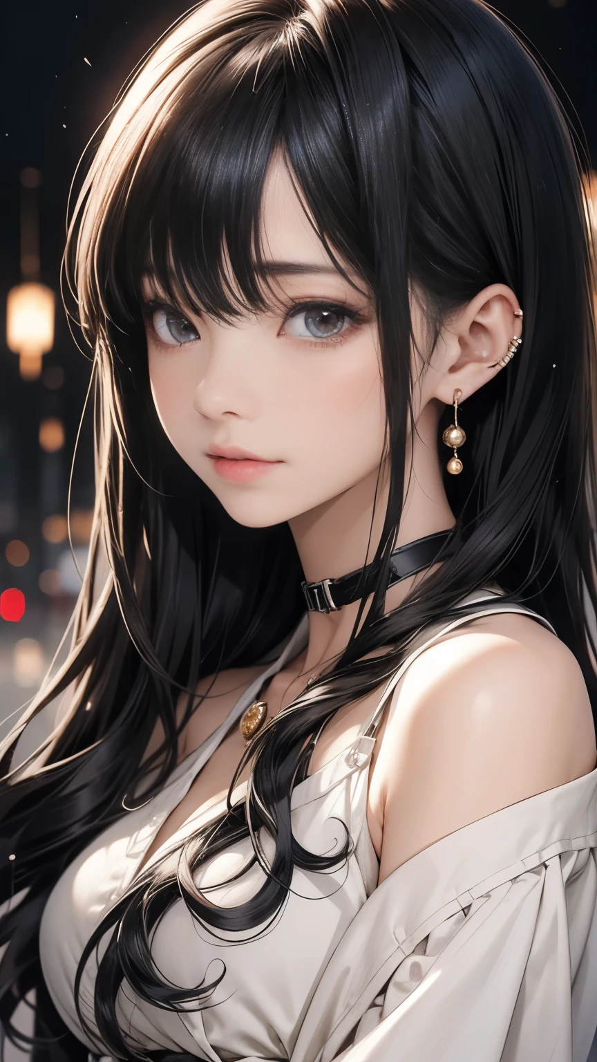 {{{{masterpiece}}}}, {{{best quality}}}, {{highres}}, {{beautiful detailed hair detailed face}}, 1girl, solo, (asian face), lingerie wearing, choker, gigantic breasts, perfect feminine face, blushing, nose blushing, olive eyes, flat face, expressionless, long straight black hair, blunt bangs, symmetrical bangs, beautiful detailed hair detailed face, sharp focus, volumetric lighting, gergous and very charming woman, by sakimichan and alphonse mucha and gil elvgren and william-adolphe bouguereau and greg rutkowski and george kamitani and ilya kuvshinov, outdoor, realistic, oil on canvas, oil painting and digital painting, look at viewer banned:abstract, ugly,duplicate,morbid,mutilated, lowres, bad anatomy, bad hands, text, error, missing fingers, extra digit, fewer digits, cropped, worst quality, low quality, normal quality, signature, watermark, username, doll, photo, grayscale, series,logo,missing arms,longbody,bad fingers seed:
