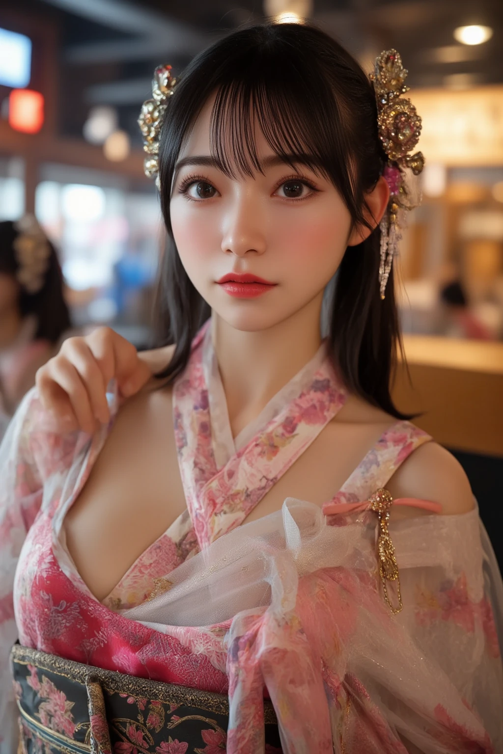 (  Masterpiece  :1.2,Premium quality ,Mirror finish,  Cinematic Experience  , realistic , RAW photo),8k, wallpaper, movie lighting,( written border depth ),( Sweat All Over :1.2),(woman:2.0),(Japan:2.0),(Yoshiwara:2.0),(Glamorous entertainment district:2.0),(A girl's house:2.0),( beautiful and seductive courtesan standing),(Glamorous,  colorful kimono with open chest :2.0),(  gorgeous costume  :2.0),(Beautiful and colorful hair ornaments :2.0),( charming prostitute makeup :2.0),(look at me),( Seductive Expression :2.0),( Fine skin texture :1.3),( growing skin:1.3),delicate face,( black hair ),(super functional:2.0),( super sexy :2.0),(Super functional:2.0)