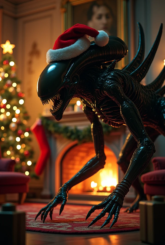 atmospheric, poorly lit, no lighting, dark photo, RAW, 8k uhd, night, a xenomorph gives a marine a green glowing christmas present, looming positioning, extremely dark corridor, dripping pipes, spaceship