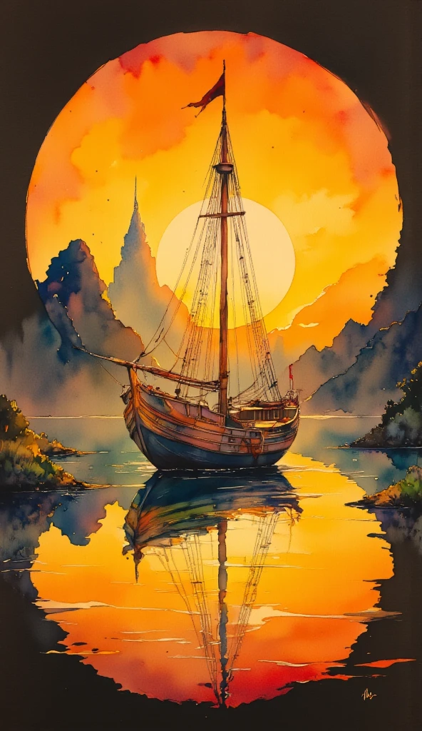 ink and watercolour seascape on black paper, calm seas, at sunset.  (Oriental sailboat, junk) silhouette, sun reflects across the sea, islands (silhouette) in the background. yellow and orange and black