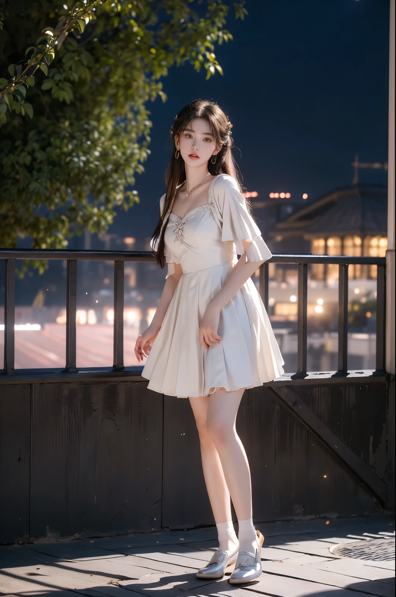 nogizaka_costume, ((full body:1.4)), ((a beautiful fashion model)), (In the quaint pavilion, leaning against a fence, night scene under the moonlight and starry sky), ((leaning forward with one hand resting on her knee)), (elegant pose, full breasts with visible cleavage, very short hemlines revealing smooth thighs), ((long, slender legs)), (professional fashion model pose), (photorealistic, hyperrealistic details, perfect facial features),  (fashion photography with professional lighting), (golden ratio composition), (perfect symmetry, sharp focus), (captured with a Canon EOS R5, 85mm portrait lens), (dramatic and volumetric lighting, cinematic effect), (ultra-detailed textures, 8k resolution), (high-end fashion editorial).