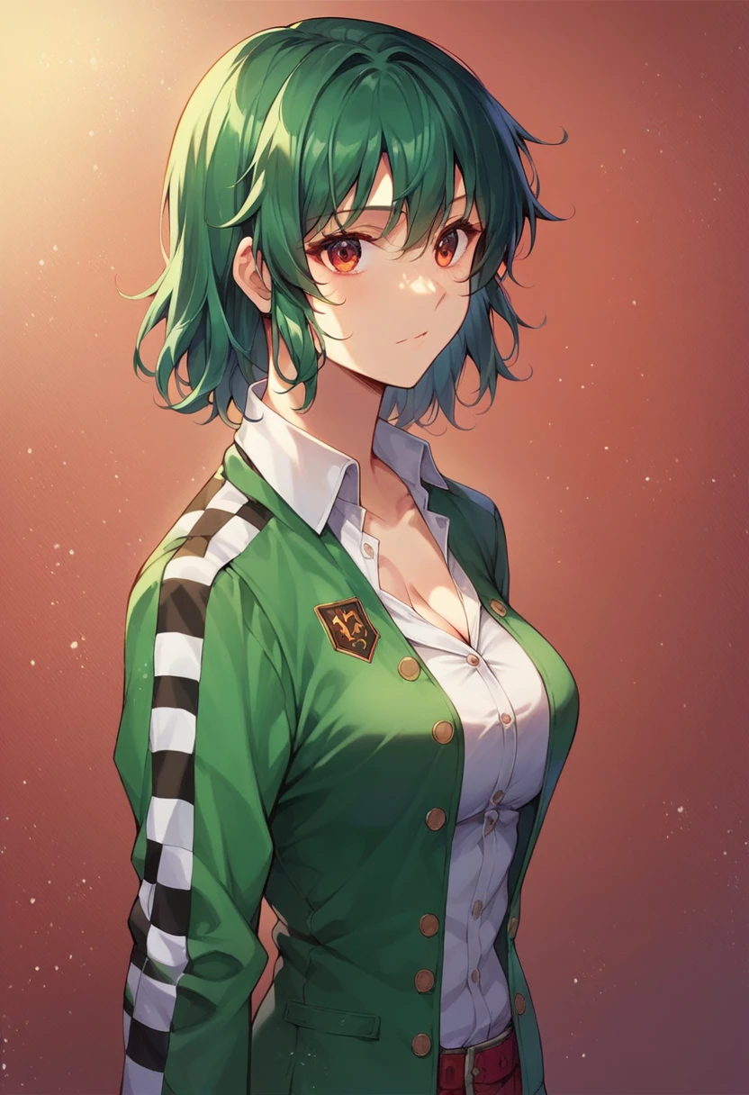 Kazami Yuuka, red_eye, green_hair,  standing, Alone, Huge_chest, , closure_mouth, Yuka Red Checkered Outfit,   Masterpiece  ,  top quality,  detailed face , detailed eye,  high definition ,