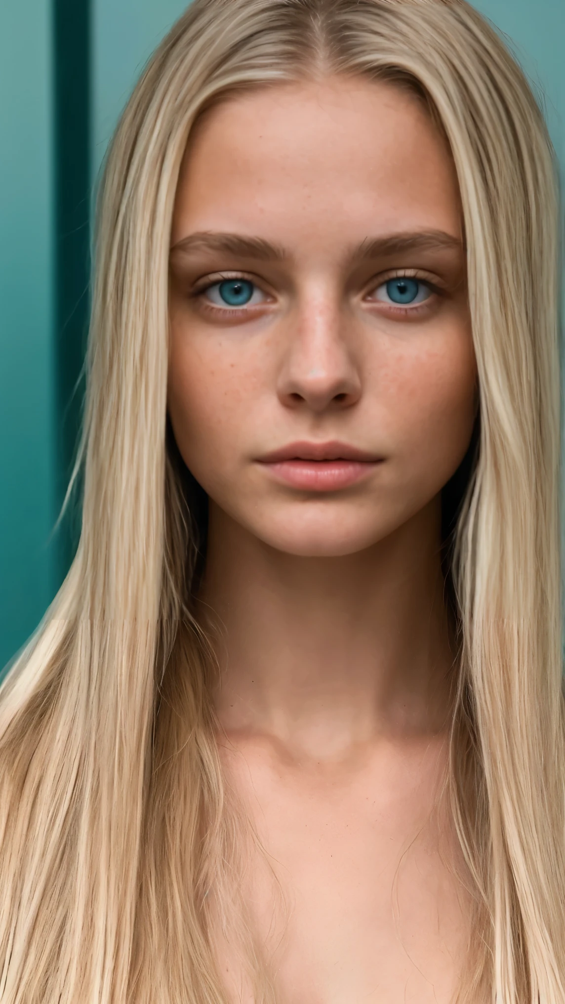 photo of a blonde girl, 20 years, large and pronounced bust, long straight hair, green eyes, with blue light hoodle