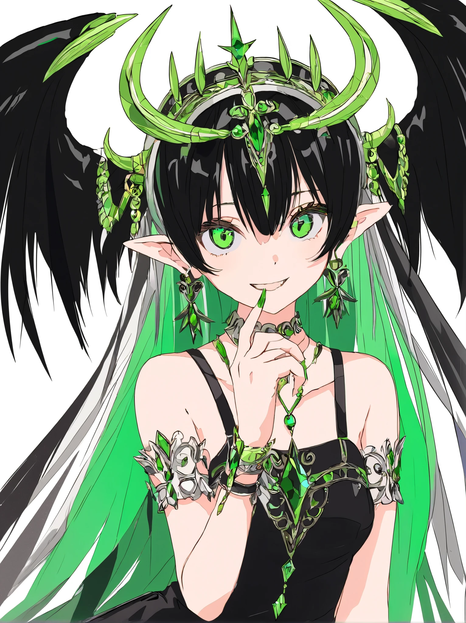 Masterpiece , top quality, 1 girl , leotard 、 upper_body, Solo, Green, smile, , green_eye, horn, ringS, _ piercing above spo, gem, 前hair, woven , streaked _hair, Multicolor_hair, pointy_S, off_ shoulder, black_nail, devil_wingS, watching _in_ viewer, green_background