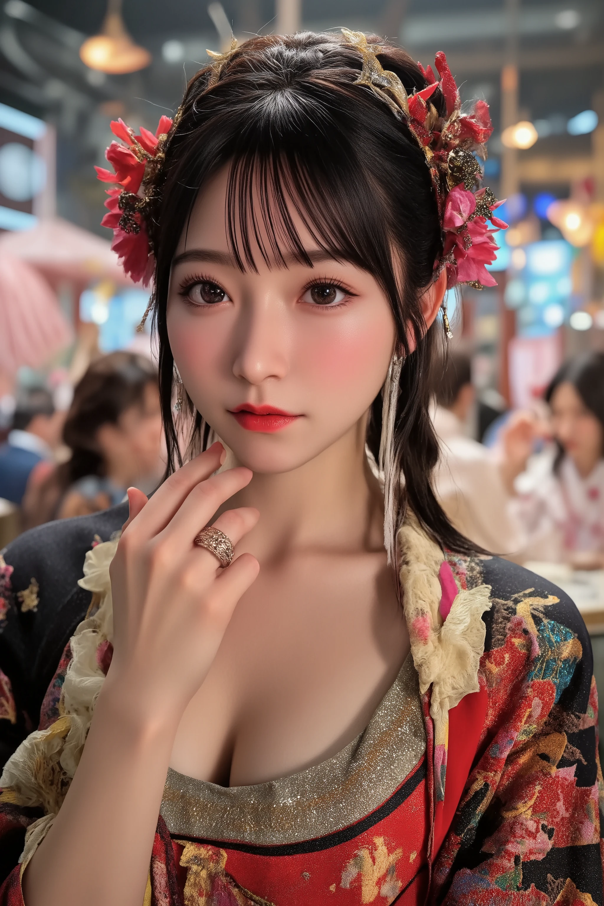 (  Masterpiece  :1.2,Premium quality ,Mirror finish,  Cinematic Experience  , realistic , RAW photo),8k, wallpaper, movie lighting,( written border depth ),( Sweat All Over :1.2),(woman:2.0),(Japan:2.0),(Yoshiwara:2.0),(Glamorous entertainment district:2.0),(A girl's house:2.0),( Beautiful and Seductive Courtesans Standing),(Glamorous,  Colorful Kimono with Open Chest :2.0),(  Gorgeous Costumes  :2.0),(Beautifully Colourful Hair Ornaments :2.0),( Glamorous Prostitute Makeup :2.0),(look at me),( Seductive Expression :2.0),( Fine skin texture :1.3),( growing skin:1.3),delicate face,( black hair ),(super functional:2.0),( super sexy :2.0),(Super functional:2.0)