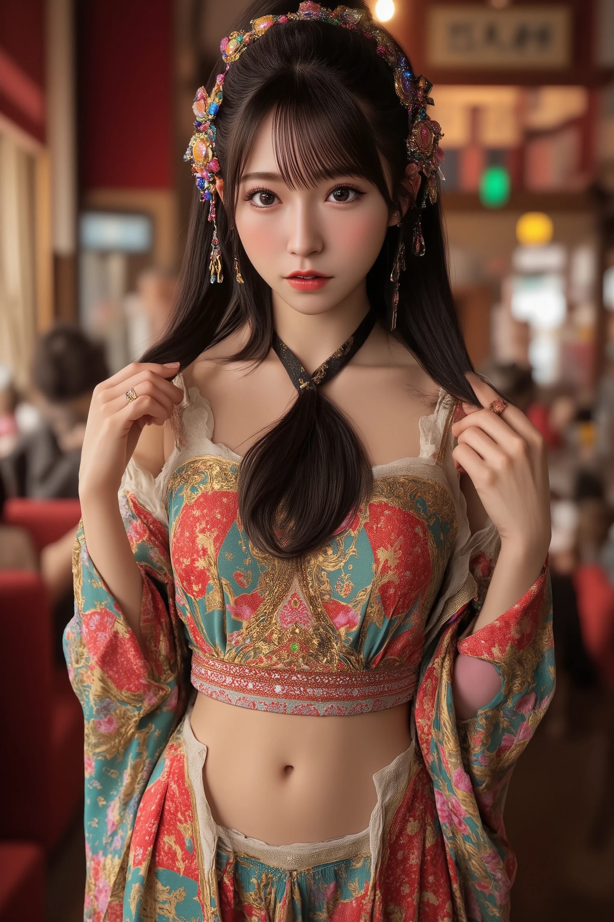 (  Masterpiece  :1.2,Premium quality ,Mirror finish,  Cinematic Experience  , realistic , RAW photo),8k, wallpaper, movie lighting,( written border depth ),( Sweat All Over :1.2),(woman:2.0),(Japan:2.0),(Yoshiwara:2.0),(Glamorous entertainment district:2.0),(A girl's house:2.0),( Beautiful and Seductive Courtesans Standing),(Glamorous,  Colorful Kimono with Open Chest :2.0),(  Gorgeous Costumes  :2.0),(Beautifully Colourful Hair Ornaments :2.0),( Glamorous Prostitute Makeup :2.0),(look at me),( Seductive Expression :2.0),( Fine skin texture :1.3),( growing skin:1.3),delicate face,( black hair ),(super functional:2.0),( super sexy :2.0),(Super functional:2.0)