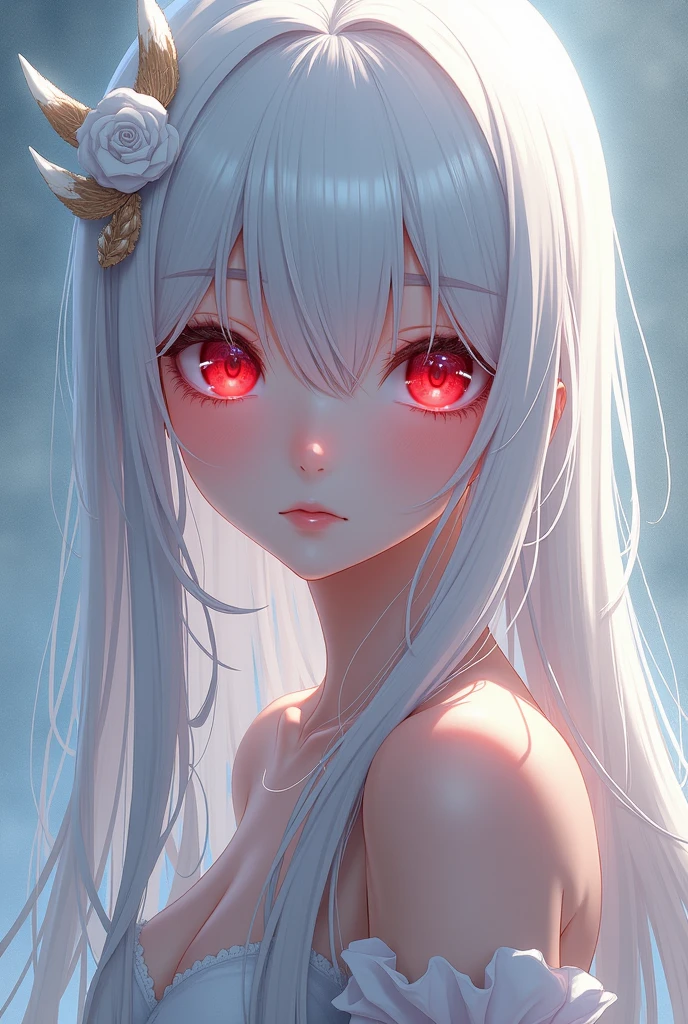 Anime girl with long white hair and red eyes 