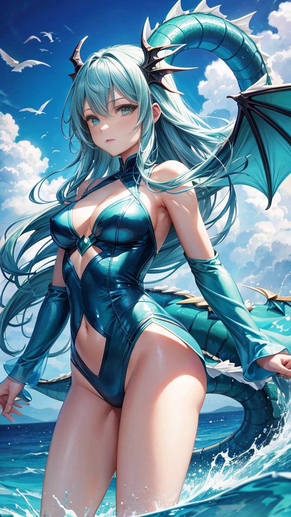 (Realistic:1.4), masterpiece, best quality, (Anime:1.4), pastel anime dragon girl, slime, wet look, shimmering lights, whirls of vapor, iridescent textures, dragon scales, dragon horns, dragon wings, translucent scales, neon light, ethereal ambiance, delicate details, magical atmosphere