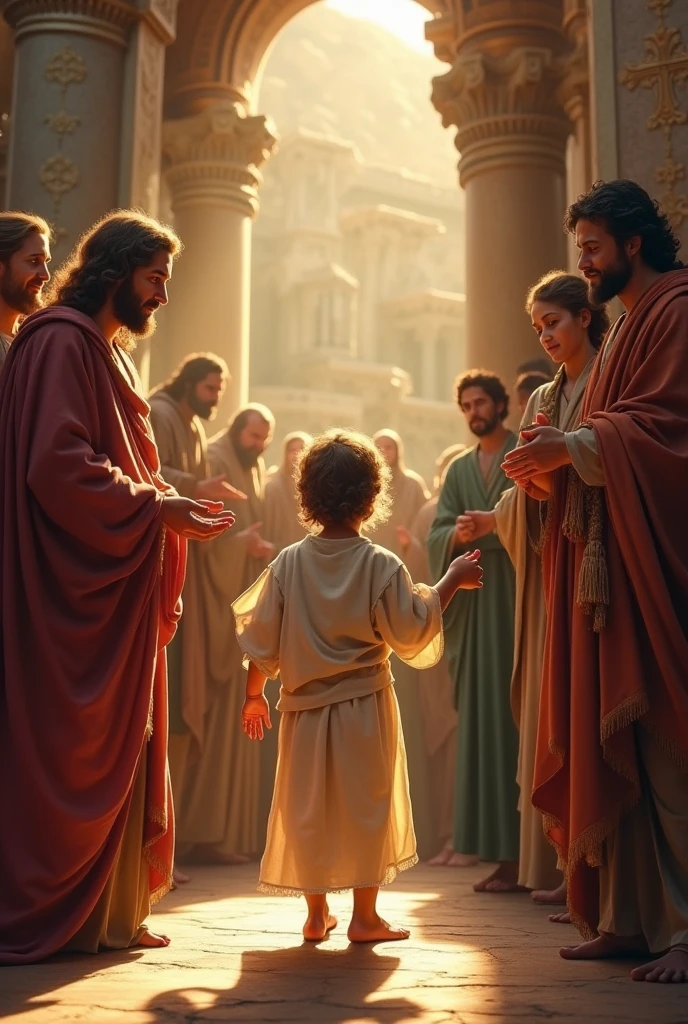 create an image of baby jesus in a village surrounded by children, he is next to a child who had just fallen, he was healing this child's wound.