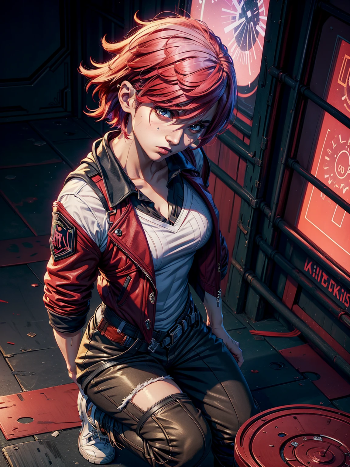 ((best quality)), ((masterpiece)), ((realistic)), adult woman, red hair, ponytail, blue eyes, red jacket, black shorts, final fantasy, kingdom hearts, light particles, light rays, illustration, highly detailed, sharp focus, digital render, professional, 4k, artstation, close up, portrait