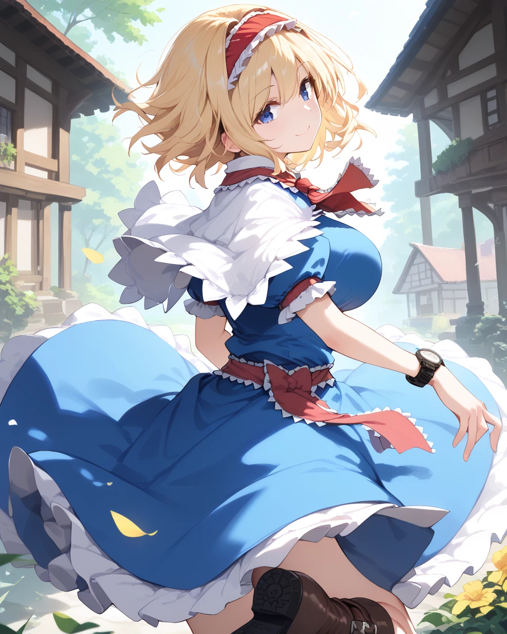  score_9,  score_8_up,  score_7_up, resting
Source _Anime,  top quality,   Masterpiece  , evaluation_Explicit, ,  Break
1 Girl Break
Alice Ng, alice margatroid,  medium hair up to buttocks,  blonde hair,  blue eyes, ,red  headband,  headband, frilled  headband,
 white capelet,  blue dress ,  ruffle dress, Ascot with Frills ,  Red Ascot,   Puffy Short Sleeve  , Brown footwear,  Cross Lace Footwear ,  boots,
Big Breasts, smile, ,  Watch Viewers,
( Dutch Angle:0.2),
front,
close-up,
( rear view:0.6),  look back,
outside, Japanese Village,people々,
,wind, Floating Hair,